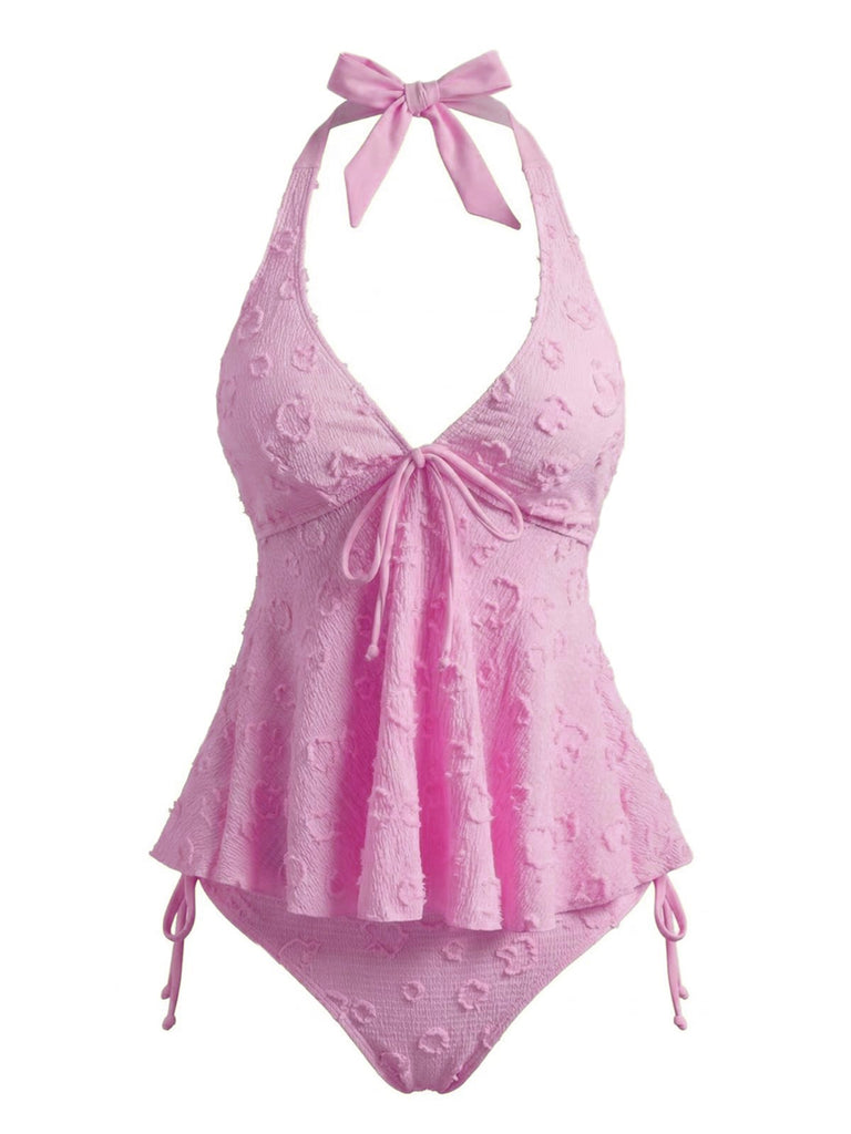 Ensemble tankini halter en V profond floral texturé années 1950