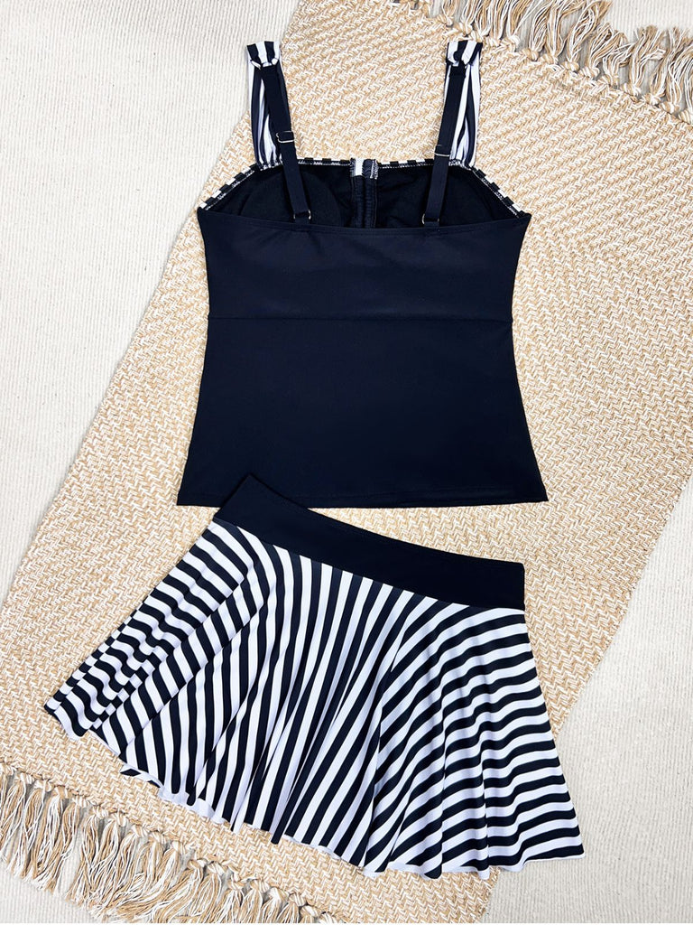 Set Tankini Noir à Rayures Color Block Froncé Années '50 6