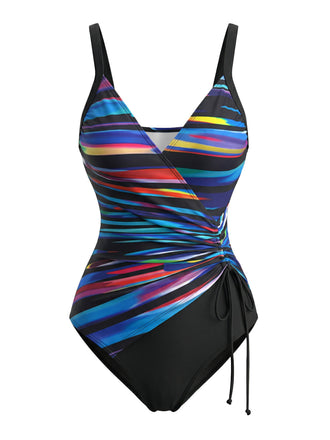 Maillot de Bain Une Pièce Bleu à Rayures Color Block à Cordon Années '40 2