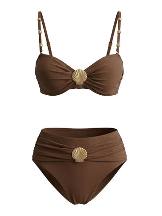 Ensemble Bikini Marron à Décor Coquillage Métallique Années 70