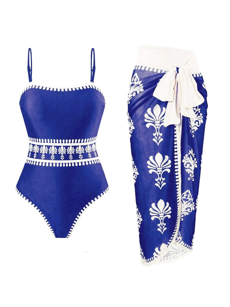 Maillot De Bain Une Pièce Avec Paréo À Motifs Vert Années 1970