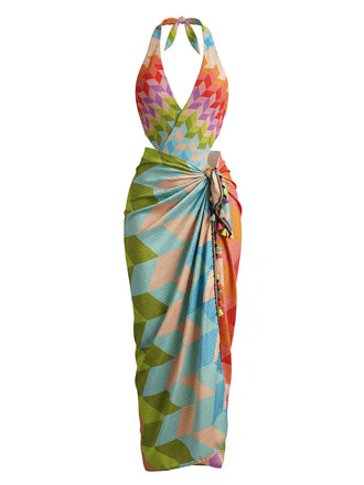 Maillot de Bain 2PCS Multicolore Géométrique Halter Boho Années 1970 2