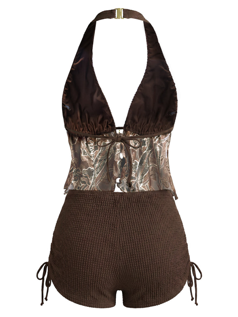 [Prévente] Maillot de Bain Halter Transparent Brodé en Filet Marron Années 1960 4