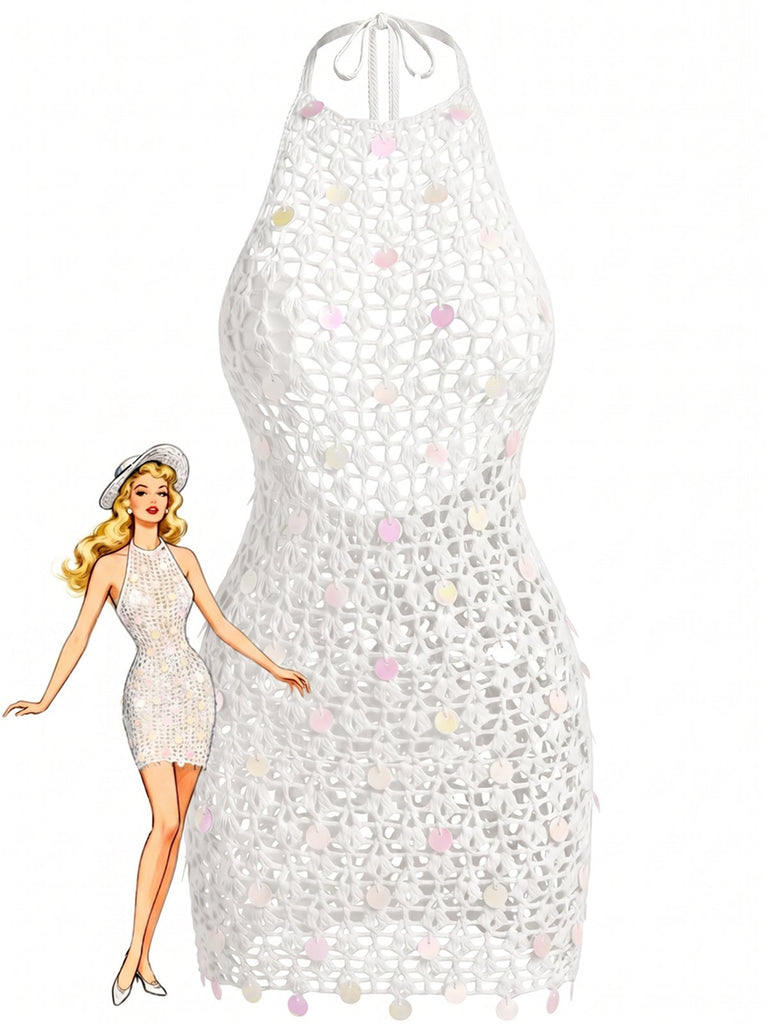 Cache-maillot blanc sequins ajourés crochet années 1960