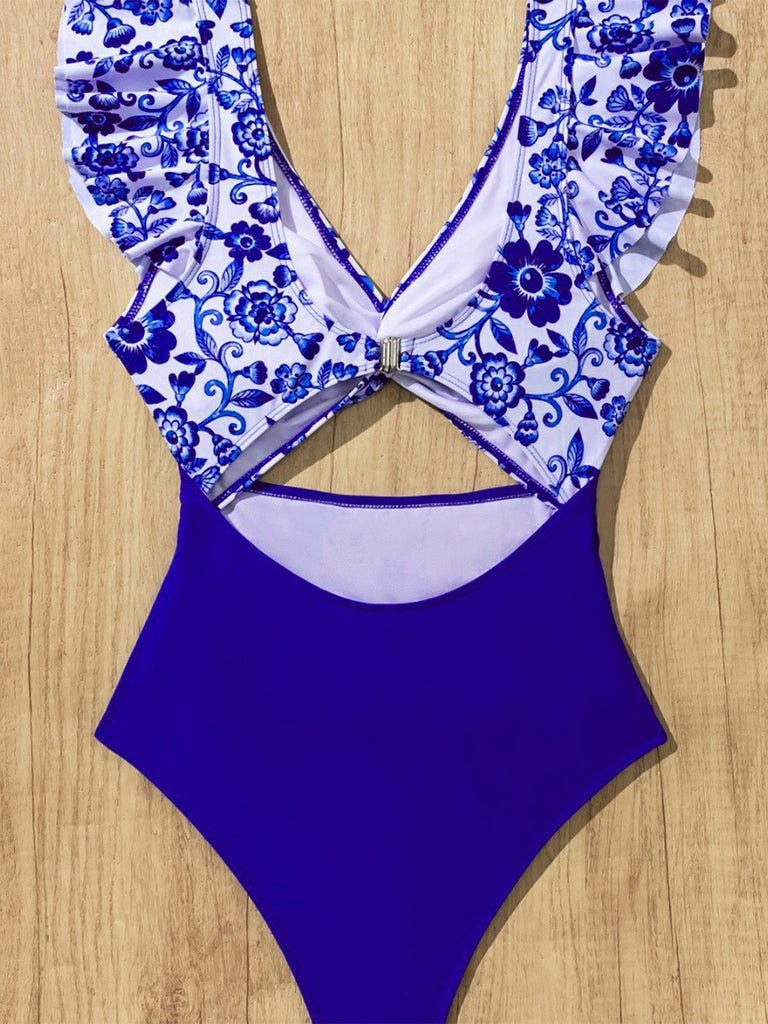 Bleu Foncé Porcelaine Blocs de Couleur Maillot de Bain Une Pièce Années 1970 4