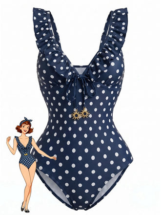 Maillot de bain une pièce bleu foncé à pois à volants et col en V années 1950