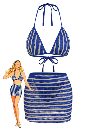 3 Pièces Bleu Halter Rayé Ensemble Bikini & Cache-Maillot Années 1960
