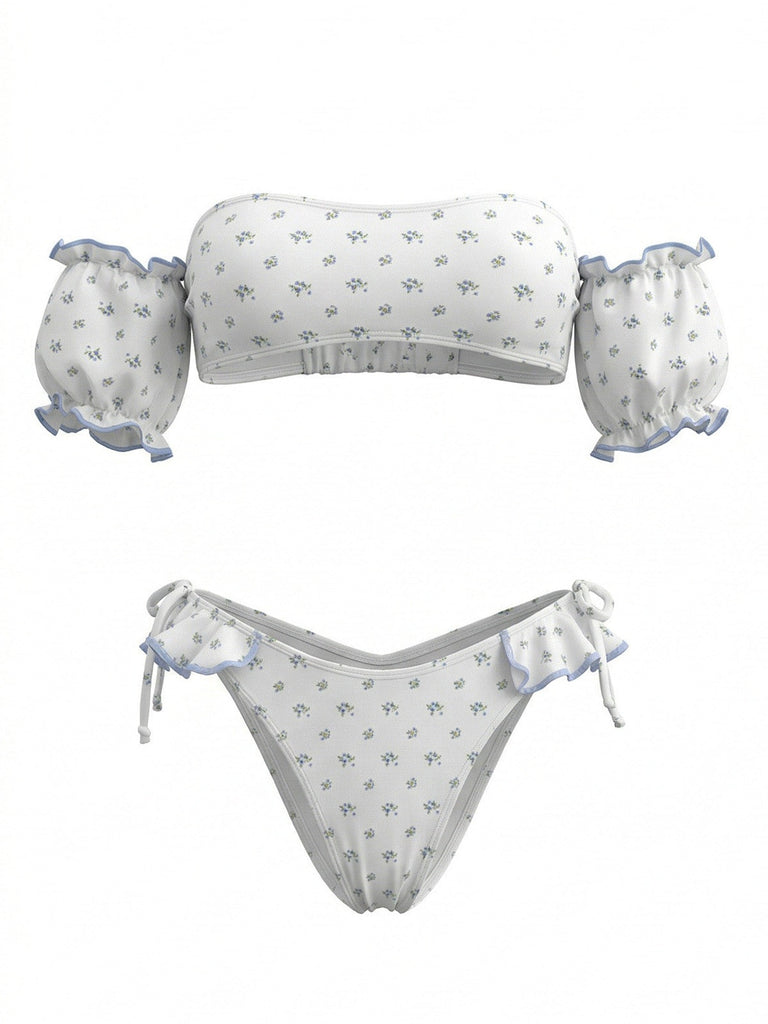 Bikini Épaules Dénudées Manches Bouffantes Floral Blanc Années 50