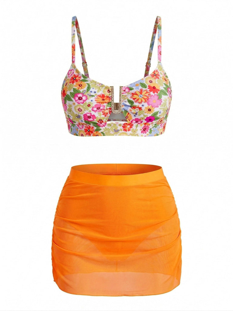 Ensemble tankini taille haute motif floral et boucle en métal forme U années 60