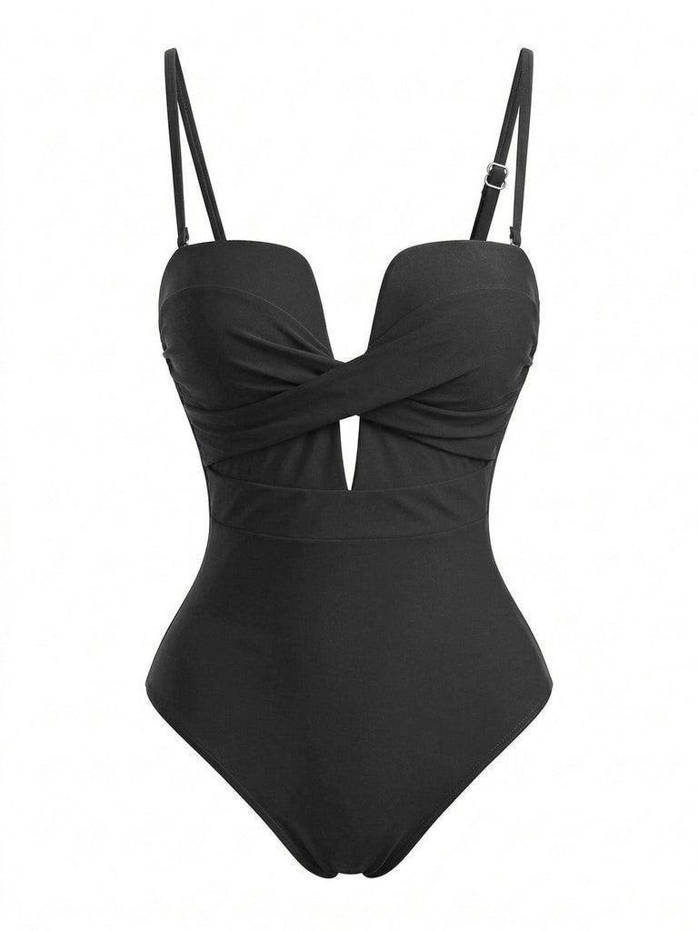 Maillot de Bain Torsadé Devant Tropical Leaf Imprimé Une Pièce Années 1950 5