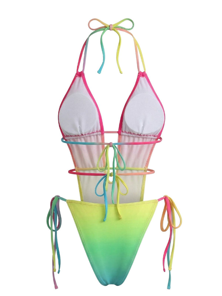 Multicolore Froncé Dégradé Plage Maillot de Bain Une Pièce Années 1950 3