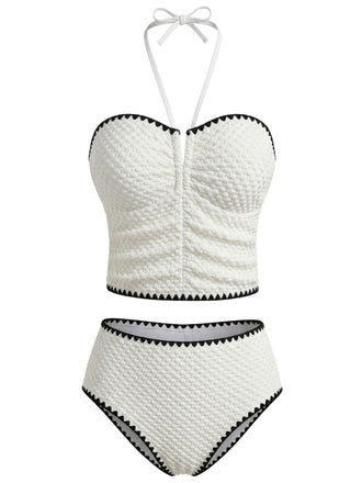 Ensemble Tankini Halter Bustier Texturé Blanc Années 1950 2