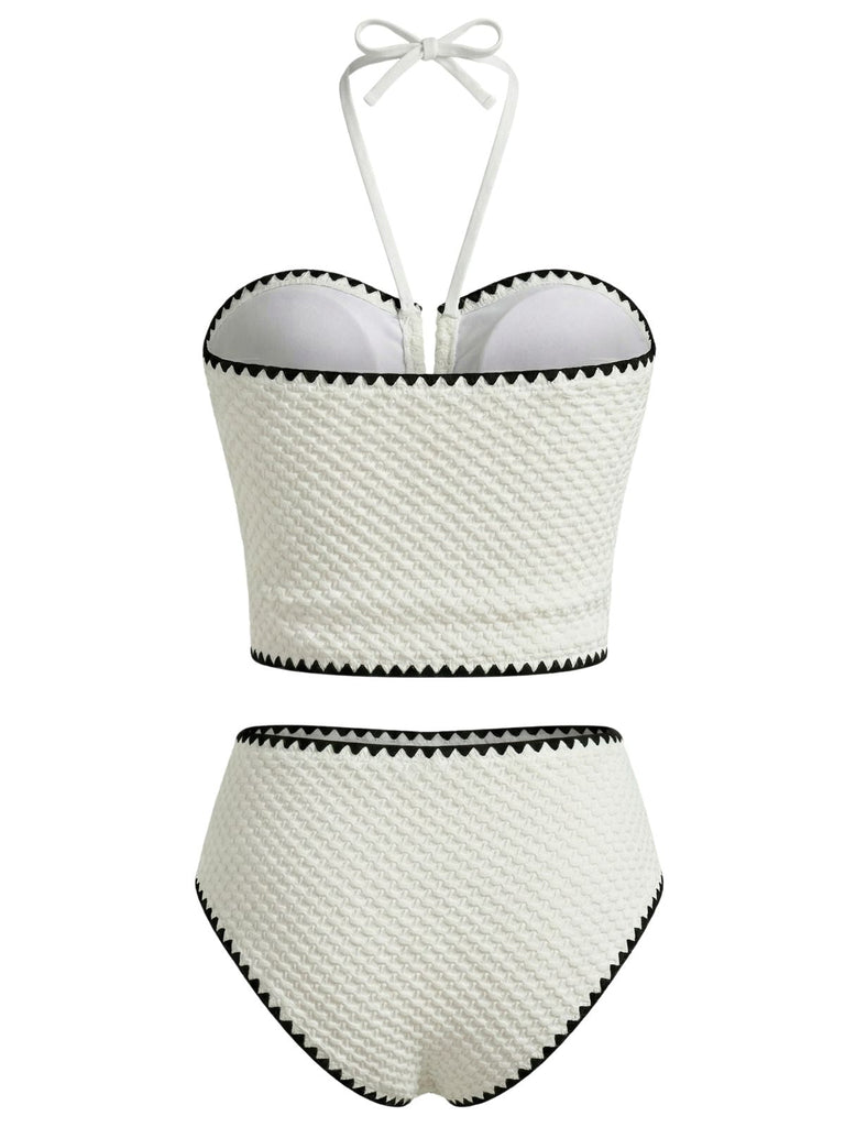 Ensemble Tankini Halter Bustier Texturé Blanc Années 1950 3