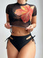2PCS Ensemble crop top et bikini noirs motif floral tropical années 1940
