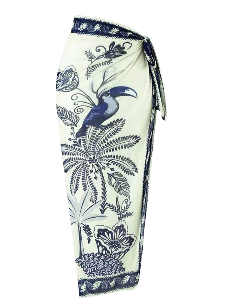 Maillot de Bain Une Pièce Bleu à Fleurs et Oiseaux avec Cache Maillot Années '30 4