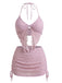 3PCS Ensemble Bikini Rose Plissé Torsadé et Cache Maillot Années 50
