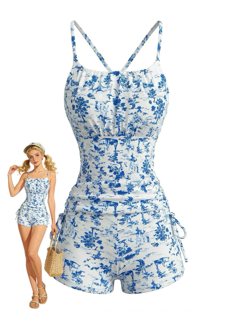 Tankini Rose À Motif Toile De Jouy Années 1950