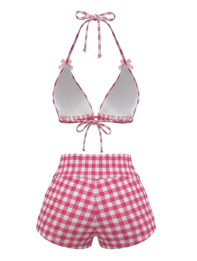 Ensemble Bikini Vichy Halter Nœud Shorty Rose Années 1980 2