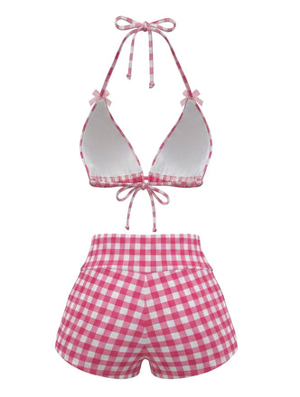 Ensemble Bikini Vichy Halter Nœud Shorty Rose Années 1980 2