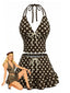 Maillot de bain dos nu marron à pois et volants années 1950