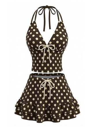 Maillot de bain dos nu marron à pois et volants années 1950