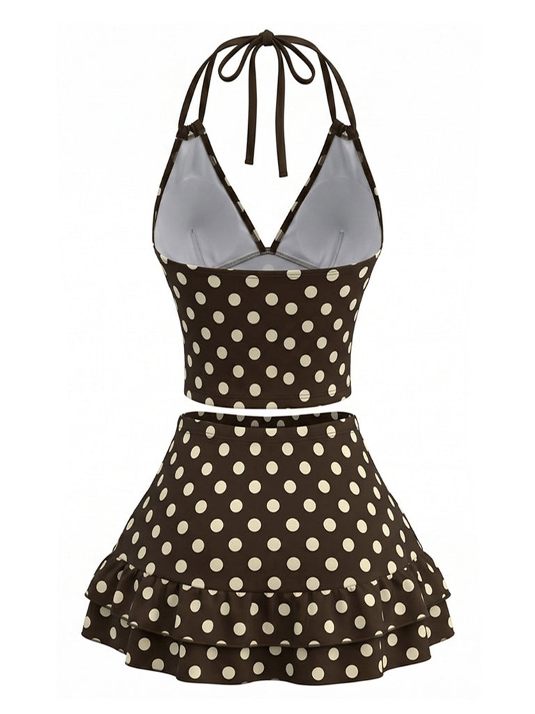 Maillot de bain dos nu marron à pois et volants années 1950