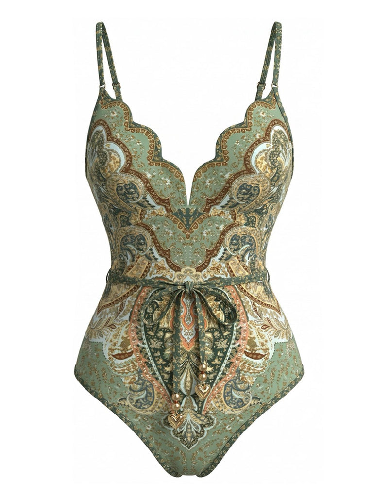 Maillot de bain une pièce vert bohème col pétale années 70