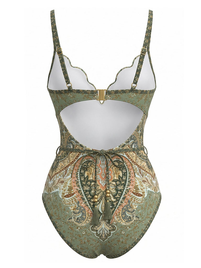 Maillot de bain une pièce vert bohème col pétale années 70