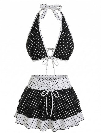 2PCS Set Bikini Noir Halter à Pois et Cache Maillot Années '40 2