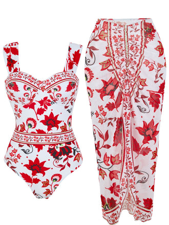 Maillot de Bain Une Pièce Floral à Larges Bretelles et Cache-Maillot Années 1950 17