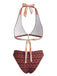 Ensemble bikini dos nu réversible à motif floral marron années 1940