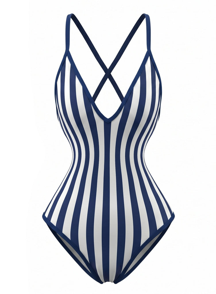 Maillot de Bain Une Pièce Rayé Bleu Marine Années 1980