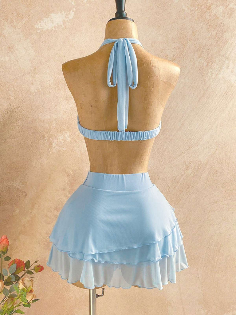 [Prévente] 2PCS Haut bleu clair dos nu et jupe années 80