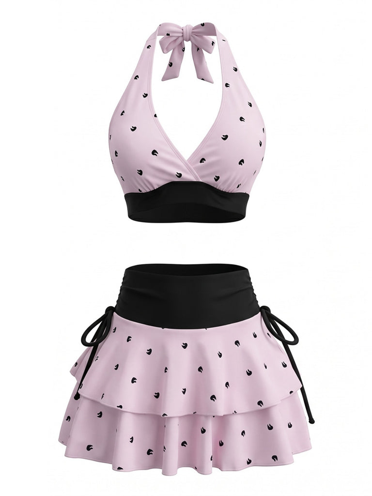 Bikini Col Licou et Cache-Maillot Volants Pois Rose Années 80