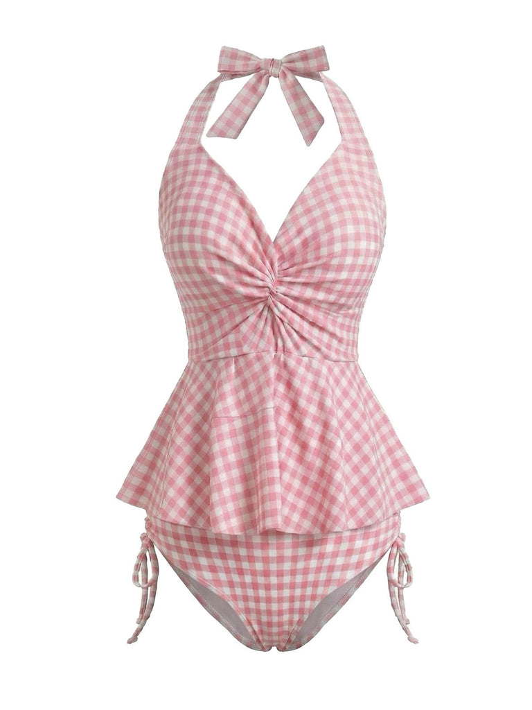 [Prévente] Ensemble Tankini Dos-Nu Vichy à Volants Rose Années 1950