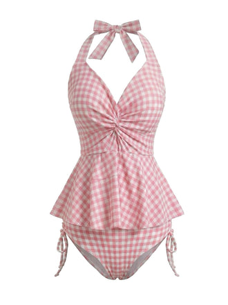[Prévente] Ensemble Tankini Dos-Nu Vichy à Volants Rose Années 1950