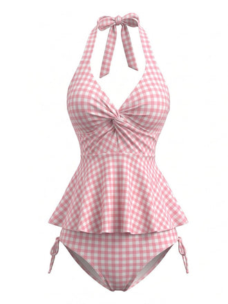 Ensemble tankini rose carreaux Vichy dos nu et volants années 50