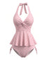Ensemble tankini rose carreaux Vichy dos nu et volants années 50