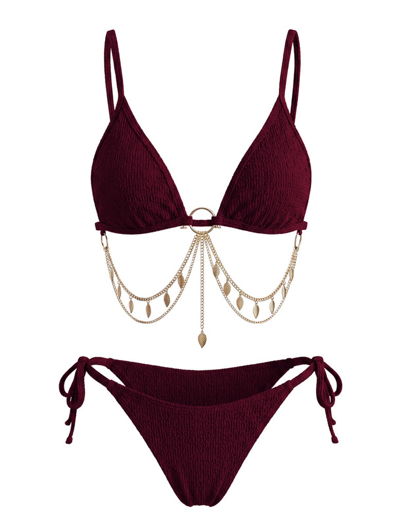 Ensemble bikini triangle chaîne dorée et côtelé années 1960
