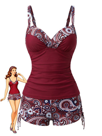 Ensemble tankini bohème col V bretelles années 70