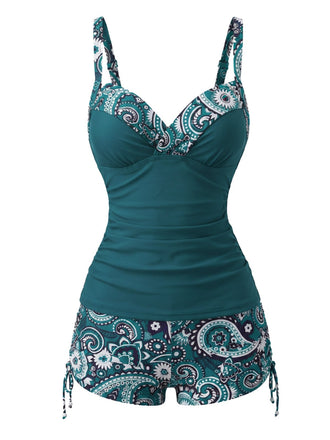 Tankini Vert bohème col V bretelles années 70