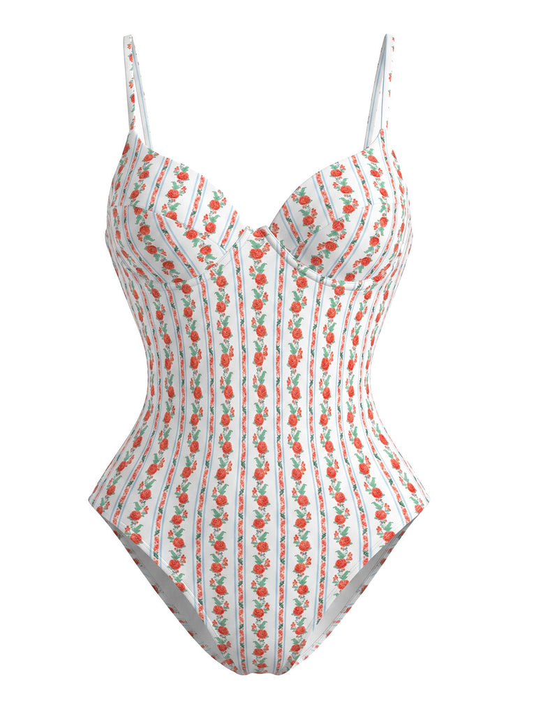 Maillot de Bain Une Pièce à Bretelles Floral Orange Années 1950