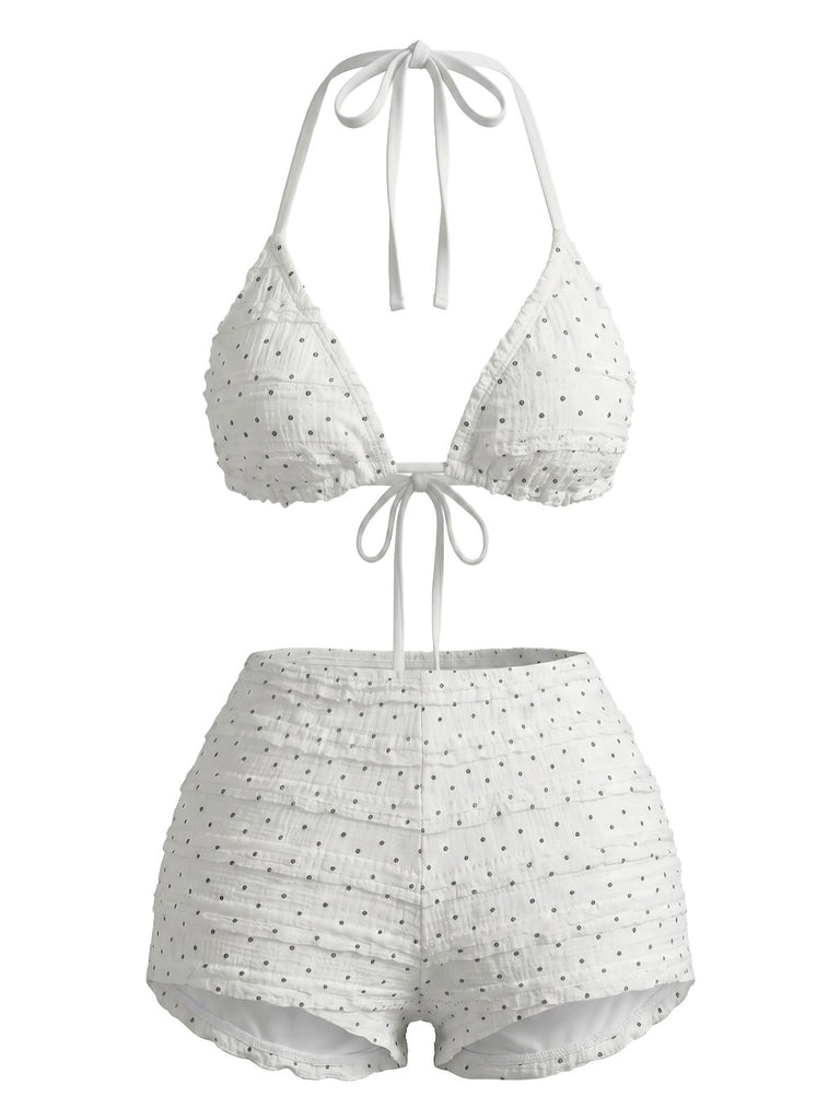 Ensemble Bikini Halter Froncé à Pois Blanc Années 1950