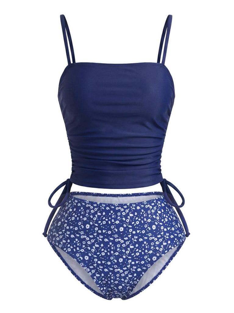 Ensemble tankini bleu marine motifs floraux et taille cordon serrage années 1950
