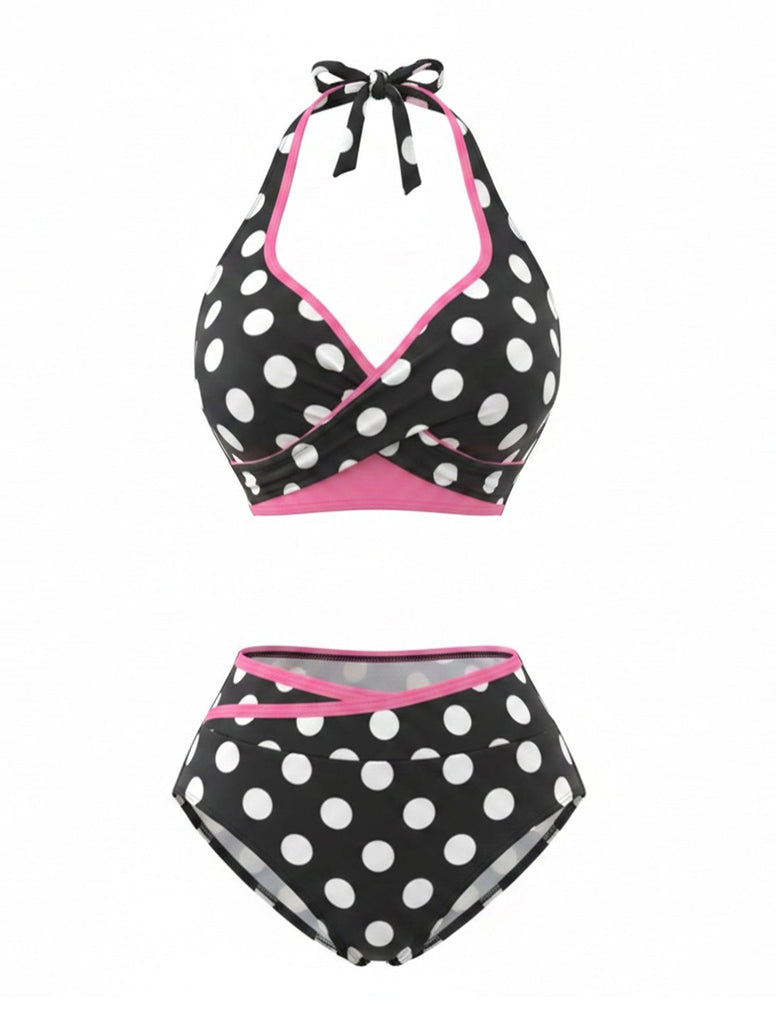 Ensemble Bikini à Pois Portefeuille Noir Années 1980