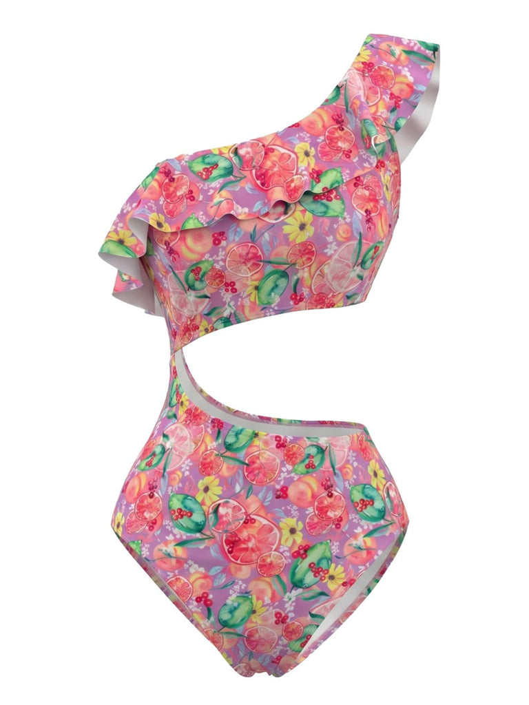 Maillot de Bain Fruits Asymétrique à Volants Découpé Rose Années 1980 2