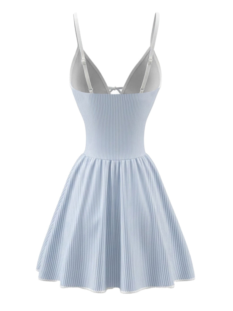 Maillot de Bain à Jupe Floral Rayé Fraise Brodé Bleu Années 1980 3