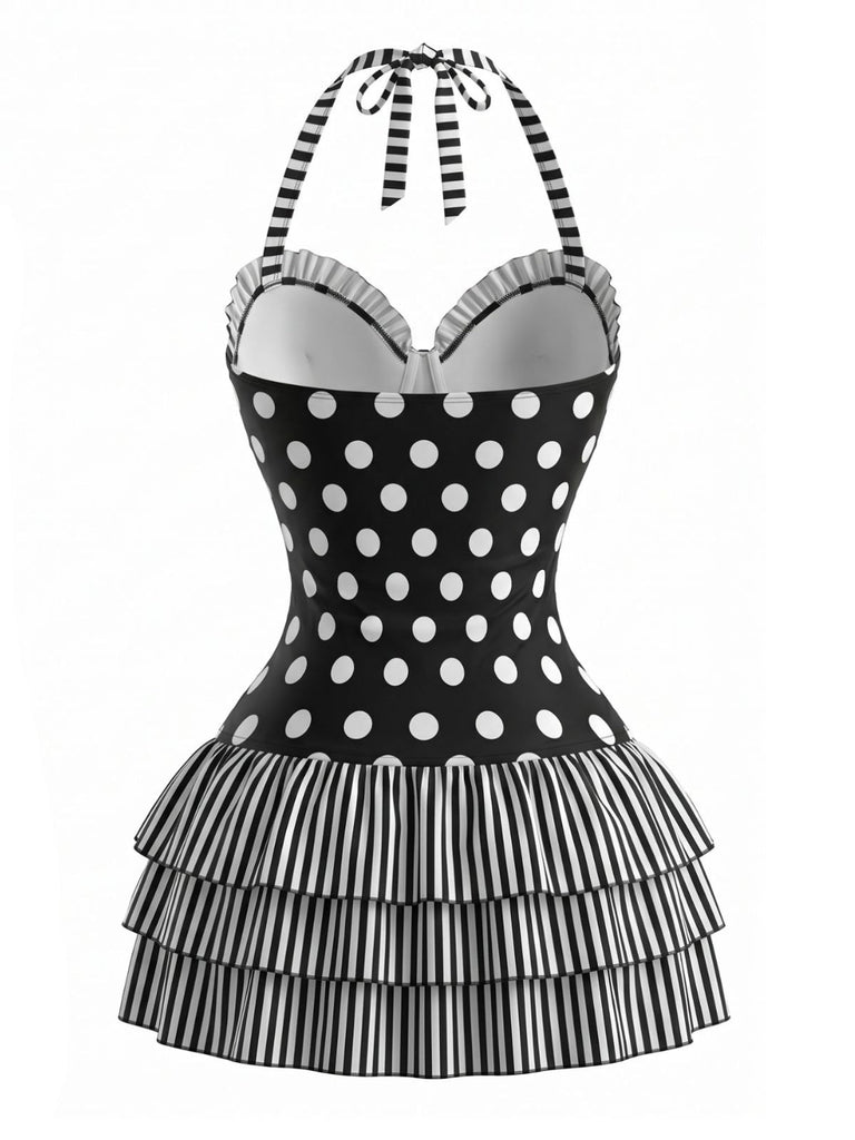 [Prévente] Maillot de Bain à Jupe Une Pièce Halter à Pois avec Nœud Noir Années 1940 2