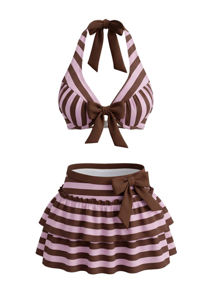 Ensemble bikini violet rayé dos nu nœud et volants années 1950