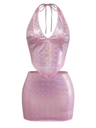 Bikini Sequin Métallisé et Cache-Maillot Rose Années 60